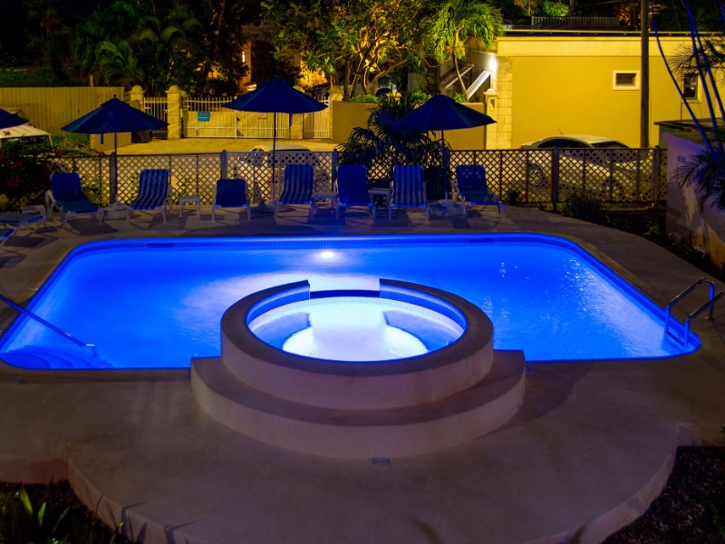 Pool view from room night